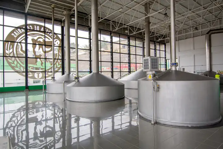 Dorada bier - Brouwerij interieur met roestvrijstalen fermentatietanks.