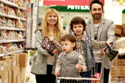 Stijgende supermarktprijzen - Gezin met winkelwagen in supermarkt.