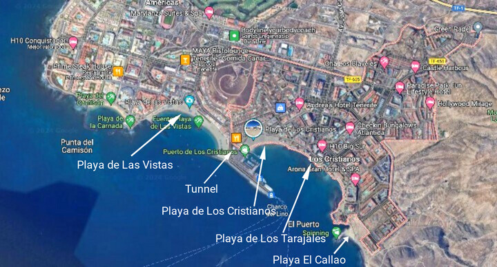 Los Cristianos - Kaart met aanduiding van de vier stranden van Los Cristianos - Arona - Tenerife